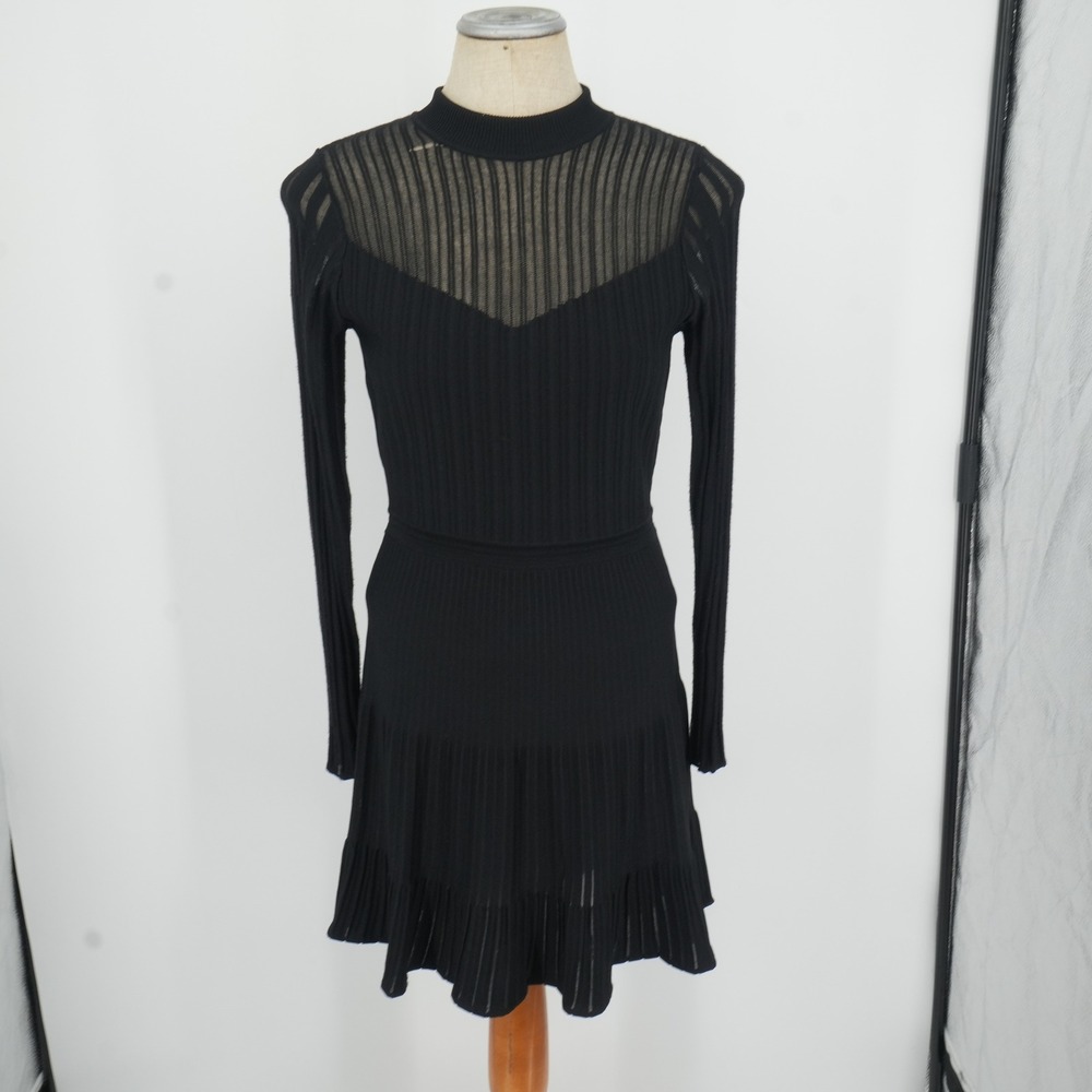 Reiss Clemmy Dress Womens Medium Black Ribbed Mesh Yoke Long Sleeve Mock Neck